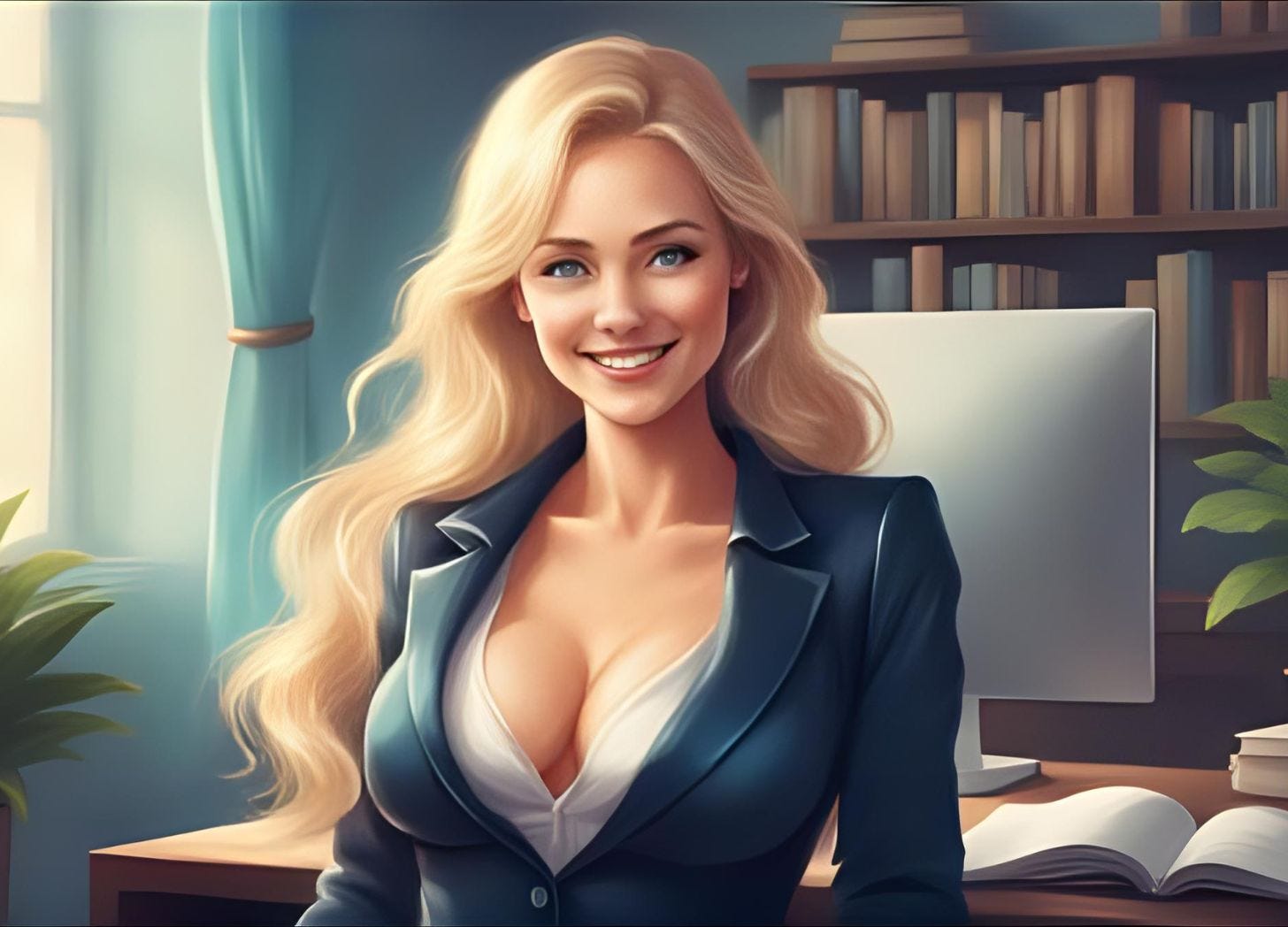 A beautiful, slender woman with long blonde hair and blue eyes wears a business suit with an unbuttoned blouse in an office with a desktop and bookshelf behind her. 