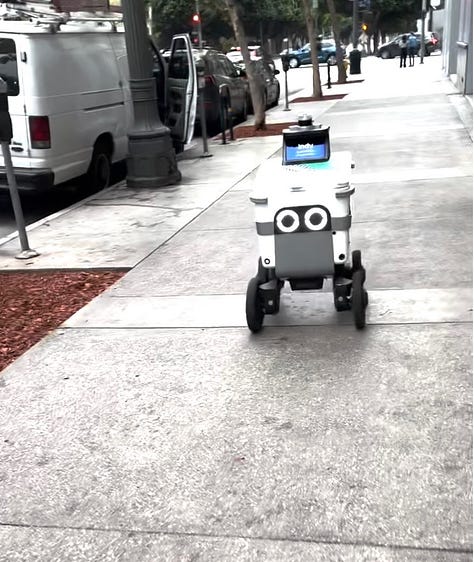 Photo of a white and grey delivery robot on a sidewalk; photo of a convention center lobby full of people and a massive stack of tote bags; and photo of an exhibit hall full of booths and people milling around.