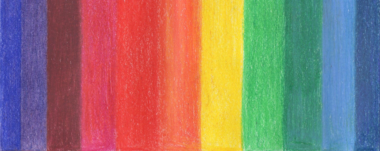 color pencil drawing of a rainbow in vertical bands of color
