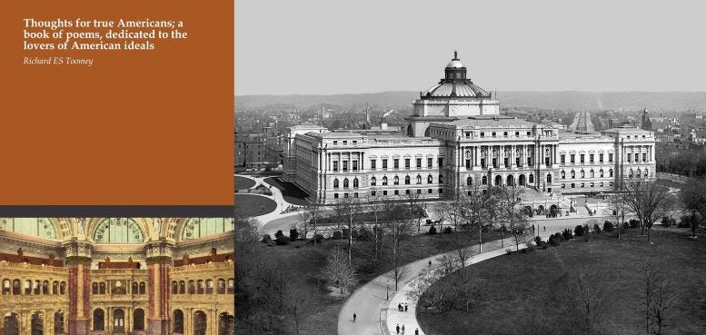 Figure 1: Toomey’s book of poetry, left, that he read at the Congressional Library, seen to the right, in 1902. Figure 1: Toomey’s book of poetry, left, that he read at the Congressional Library, seen to the right, in 1902.