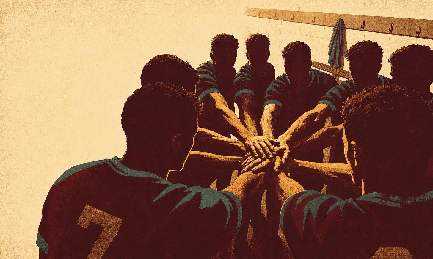 Ogilvy-style locker-room ritual illustration expressing culture and consistency. Ogilvy-style locker-room ritual illustration expressing culture and consistency.