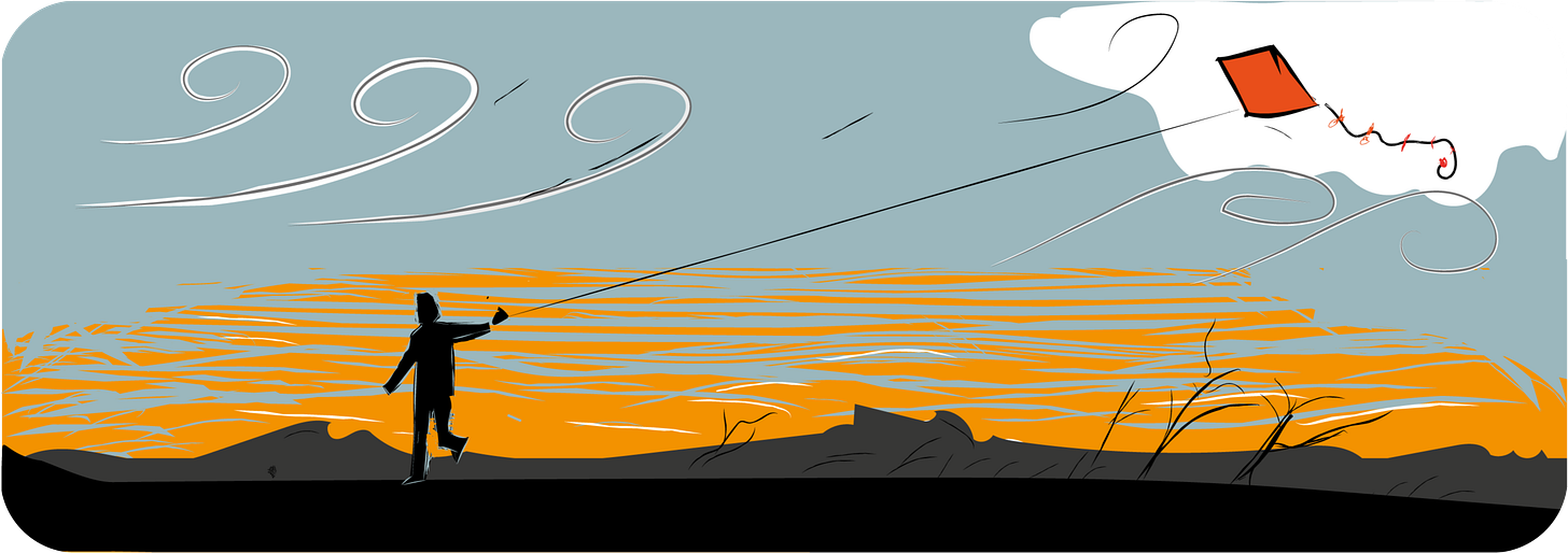 Linocut style image of someone flying a kite