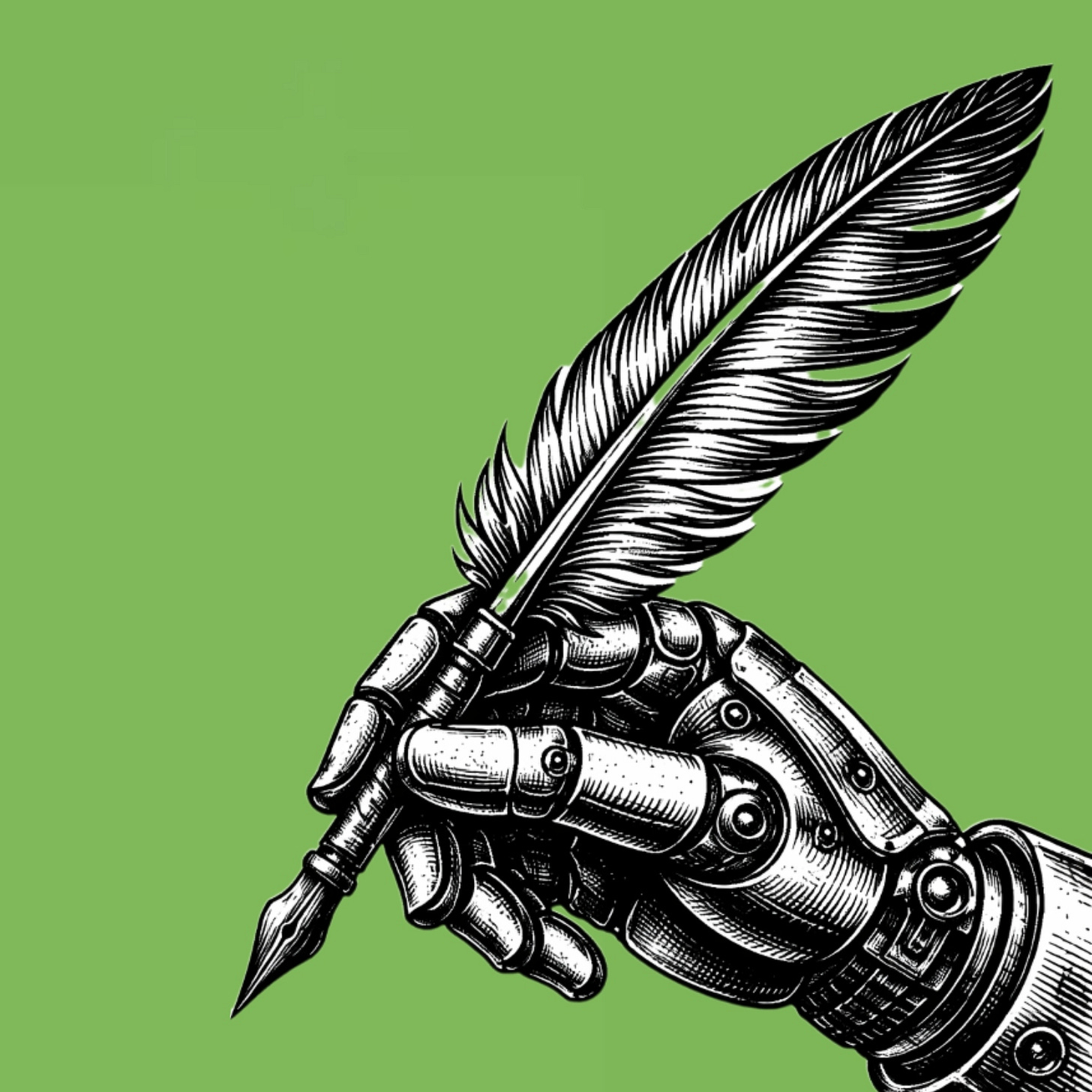 AI-generated graphic of a robot holding a fountain pen.