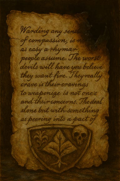The burned scroll Morgantha gave Felonious lies partially unrolled on a stone slab inside Old Bonegrinder. Its edges are scorched and curled, the parchment brittle and blackened. Faint traces of arcane sigils shimmer beneath the soot—some recognizable, others warped by fire. The scroll bears Felonious’s childhood handwriting, uneven and ambitious, with a half-finished planar resonance incantation. A single word—'Illuminate'—remains untouched by flame, glowing faintly in silver ink. The atmosphere is quiet, haunted, and tinged with regret—capturing the moment Felonious studies the scroll and remembers the cave he tried to light. The burned scroll Morgantha gave Felonious lies partially unrolled on a stone slab inside Old Bonegrinder. Its edges are scorched and curled, the parchment brittle and blackened. Faint traces of arcane sigils shimmer beneath the soot—some recognizable, others warped by fire. The scroll bears Felonious’s childhood handwriting, uneven and ambitious, with a half-finished planar resonance incantation. A single word—'Illuminate'—remains untouched by flame, glowing faintly in silver ink. The atmosphere is quiet, haunted, and tinged with regret—capturing the moment Felonious studies the scroll and remembers the cave he tried to light.