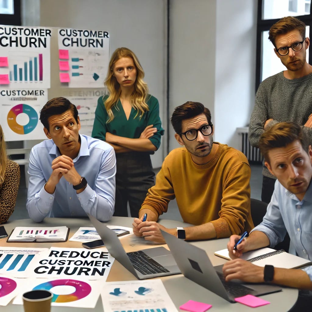 A group of professionals working in a startup office, looking concerned and focused as they discuss strategies to reduce customer churn. The team is gathered around a table with laptops, charts, and papers displaying churn metrics and retention strategies. The atmosphere is tense but collaborative, with team members brainstorming solutions. The office has a modern and dynamic startup vibe, with whiteboards, post-it notes, and a sense of urgency to address the churn problem.