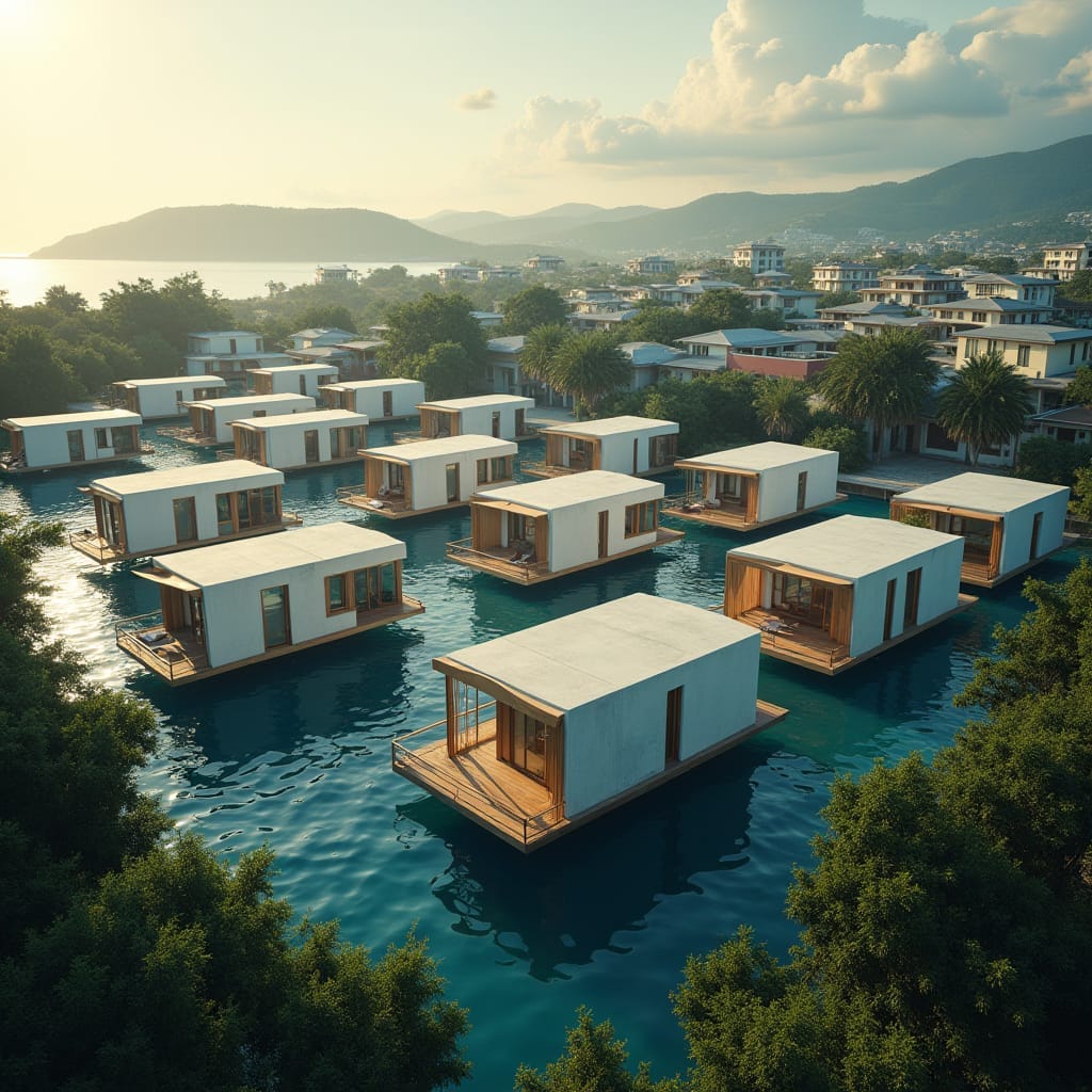Modern, sleek, and eco-friendly floating prefab homes nestled in the vibrant cityscape of Mobay, Jamaica, surrounded by turquoise waters and lush greenery, with a sense of serenity and harmony. Soft, warm light casts a golden glow on the futuristic dwellings, accentuating their angular lines and minimalist aesthetic. The atmosphere is tranquil, with a few sailboats drifting lazily in the distance, their sails billowing in the gentle Caribbean breeze.