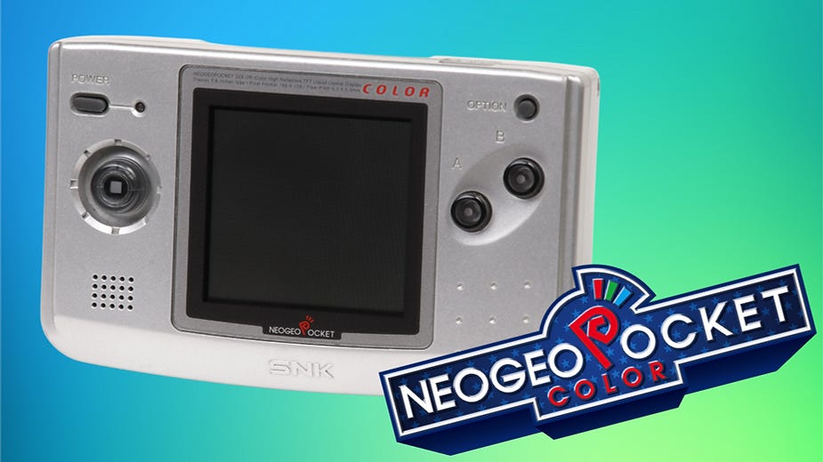 Silver Neo Geo Pocket Color handheld with buttons, joystick, and screen. Logo at bottom right. Gradient blue-green background.