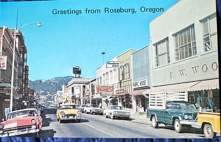 Front and back of a postcard depicting Downtown Roseburg Oregon