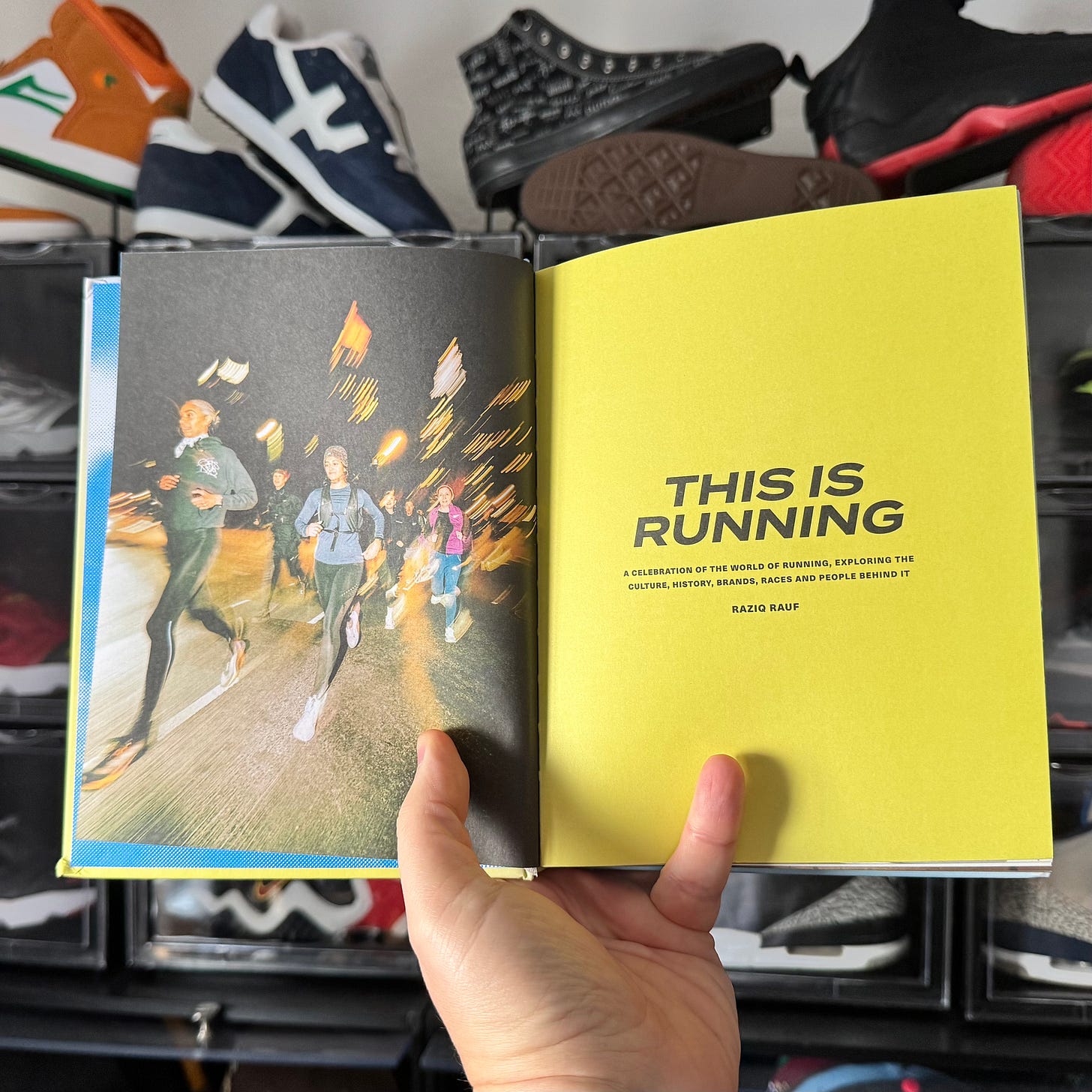 This Is Running by Raziq Rauf. The sneaker wall in the background is not an accident.