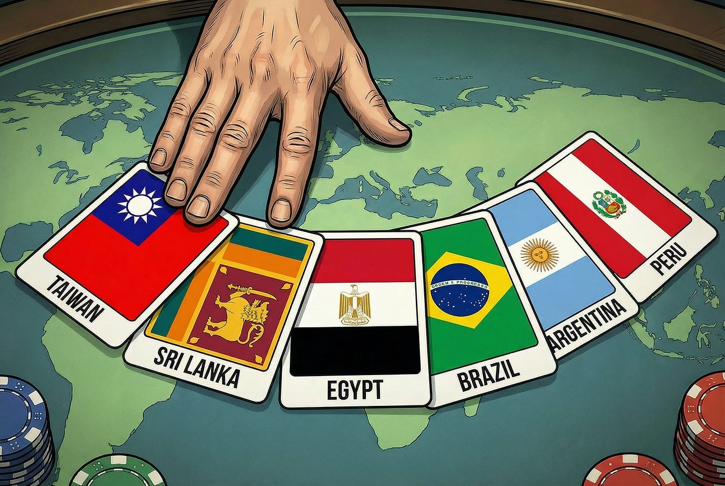Xi Jinping laying down a hand of six cards representing Taiwan, Sri Lanka, Egypt, Brazil, Argentina, and Peru