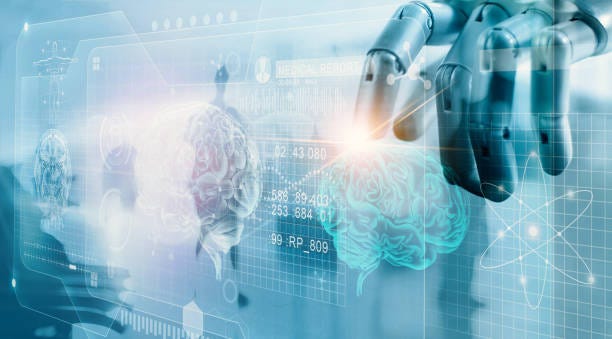 Robot checking brain testing result with computer interface, futuristic human brain analysis, innovative technology in science and medicine concept Robot checking brain testing result with computer interface, futuristic human brain analysis, innovative technology in science and medicine concept AI healthcare stock pictures, royalty-free photos & images