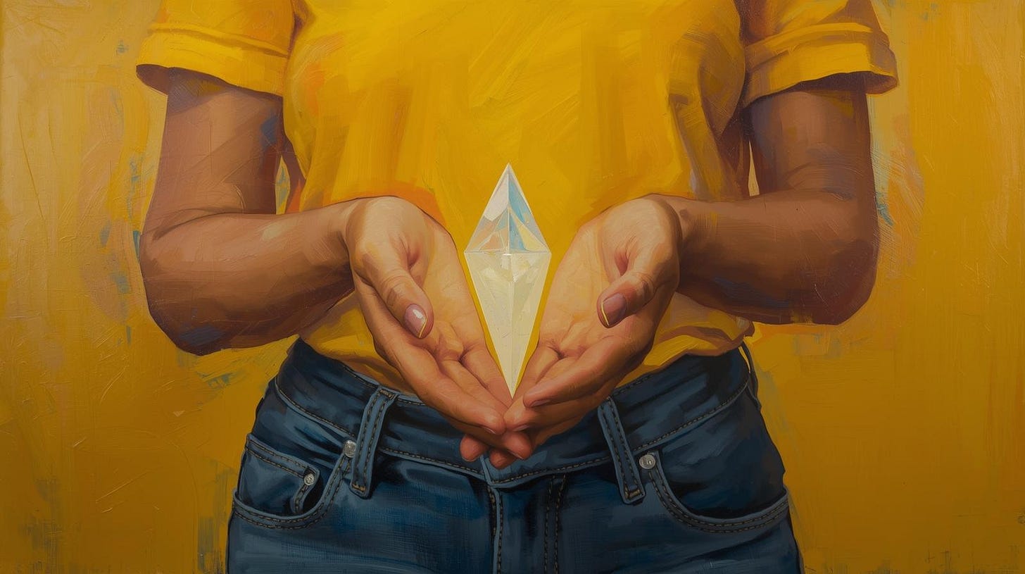 A woman holds a diamond in her hands, to represent leadership. A woman holds a diamond in her hands, to represent leadership.