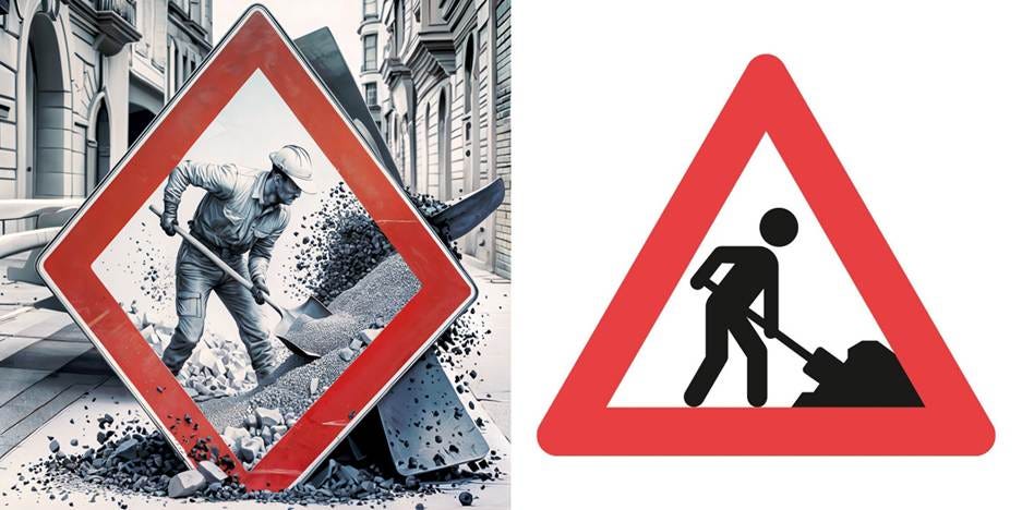 A road sign and a road sign  Description automatically generated