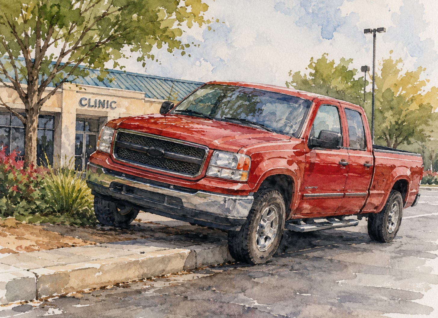 a red truck perched on the curb outside a clinic a red truck perched on the curb outside a clinic