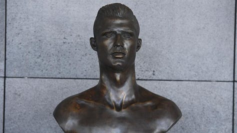Various images of sculptures of Cristiano Ronaldo, Dwyane Wade, and Martin Luther King, Jr.