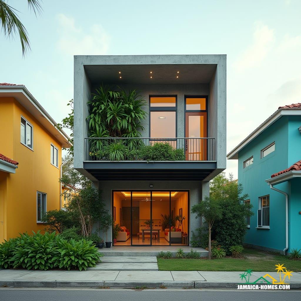 Compact urban modern home designed as a single 20-ft concrete module with an overlapping steel porch, optimized for a small suburban lot in Kingston. The facade features lush vertical gardens, and a skylight illuminates the living space. Solar panels adorn the roof, and slim horizontal windows minimize heat gain. The home is situated on a small lot between colorful neighboring houses, with a paved walkway leading to the entrance. Styled as a sleek, energy-efficient, modern urban aesthetic, presented as a cinematic film still shot on v-raptor XL with film grain, vignette, color grading, post-processing, cinematic lighting, 35mm film, live-action, best quality, atmospheric, a masterpiece, epic, stunning, dramatic.