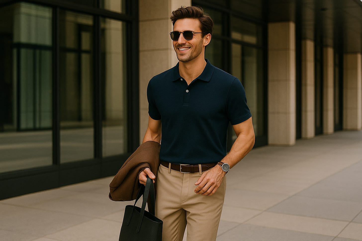 A man walking outside an office building wearing a stylish business casual summer outfit with a polo shirt, dress pants, loafers, sunglasses, a leather tote, a wristwatch, and a blazer draped over his arm.
