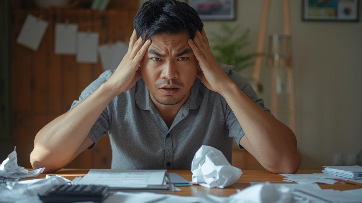 Filipino man looking stressed and frustrated with hands on head, sitting at table with construction documents and crumpled papers, expressing the overwhelm of building without a plan