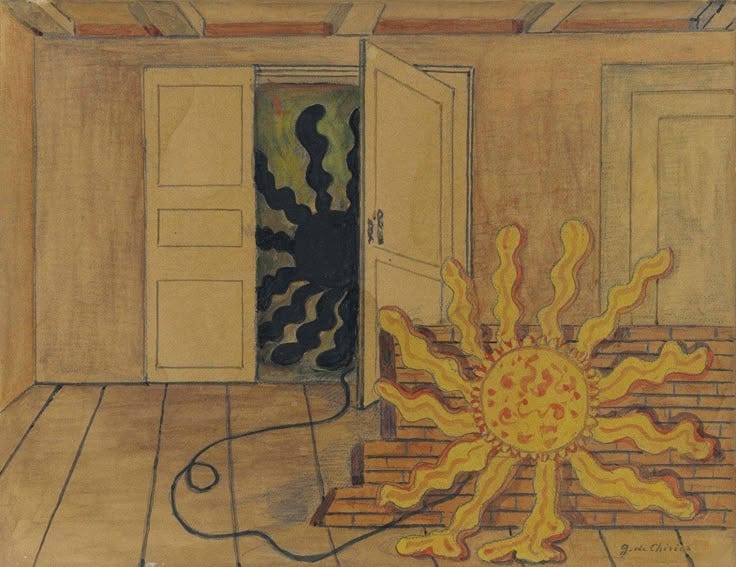 This may contain: a drawing of a room with stairs and a fire hydrant on the floor in front of an open door