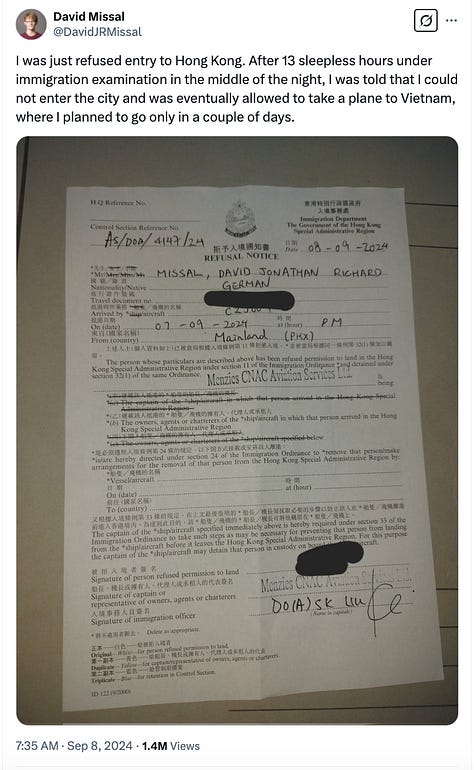 Top row: notices of refusal of entry issued by the Hong Kong Immigration Department to Uryu Hirano, David Missal and Matthew Connors; bottom row: Michiko Kiseki reports she's been barred entry; Mr Wally's view from the plane taking him away from Hong Kong after he was barred entry; HRW Executive Director Ken Roth reporting by video that he's just been barred entry.