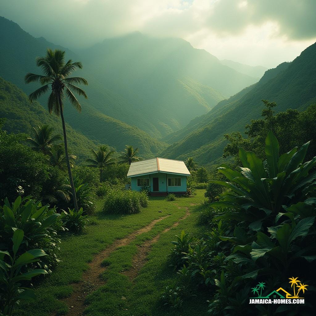 A lone mobile home stands proudly amidst the lush, vibrant landscape of modern Jamaica, as if plucked straight from a cinematic dreamscape