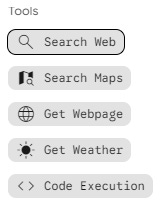 A tools list in Google Opal showing available actions: Search Web, Search Maps, Get Webpage, Get Weather, and Code Execution.