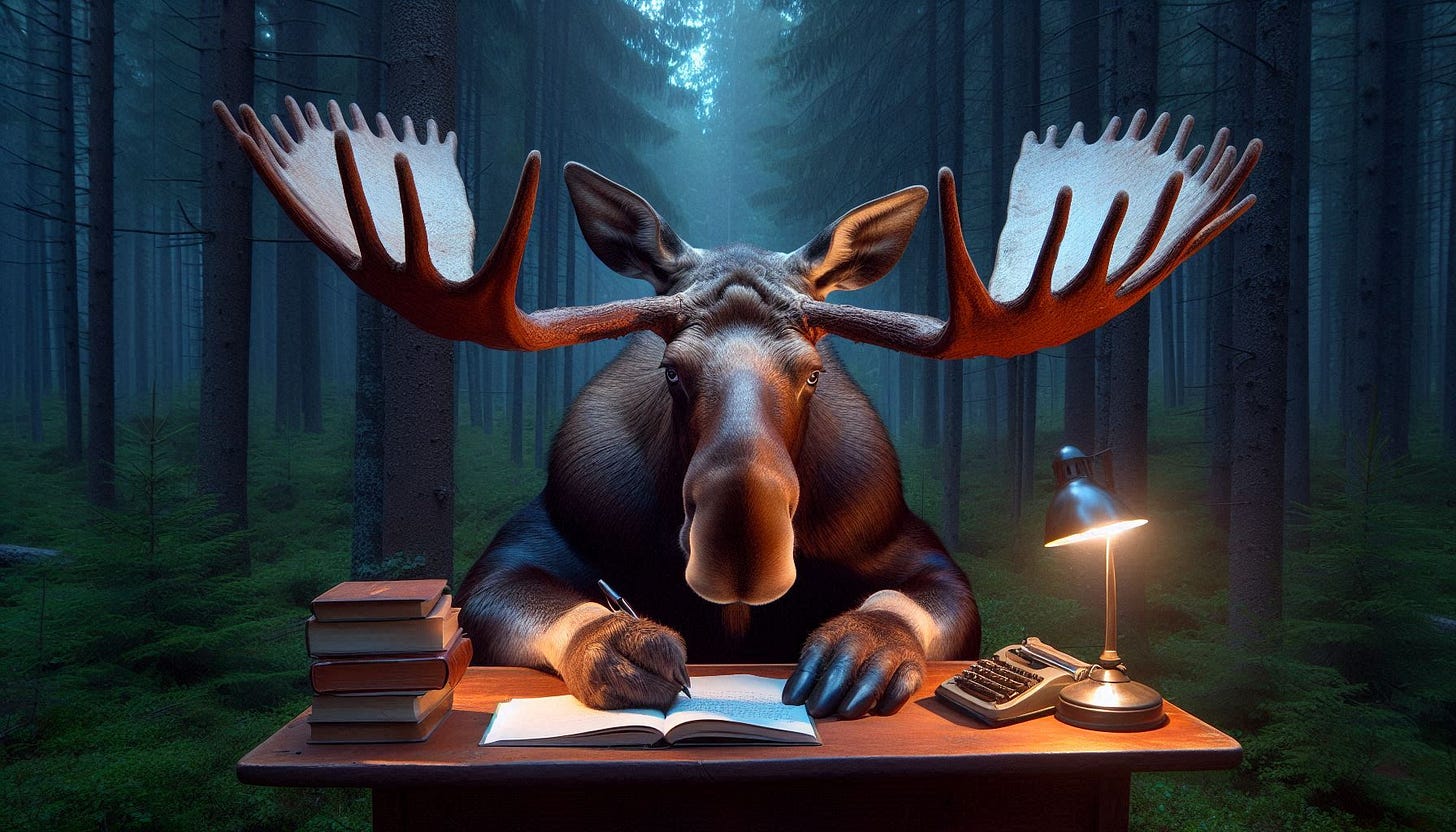 A moose sitting at a desk writing on a book

AI-generated content may be incorrect.