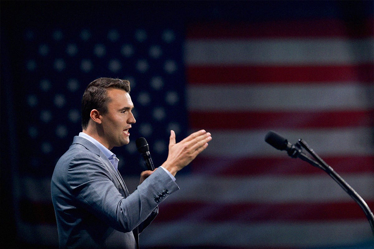 Charlie Kirk, who founded Turning Point USA, speaks before former President Donald Trump's arrival during a Turning Point USA Believers Summit conference at the Palm Beach Convention Center on July 26, 2024 in West Palm Beach, Florida. Charlie Kirk, who founded Turning Point USA, speaks before former President Donald Trump's arrival during a Turning Point USA Believers Summit conference at the Palm Beach Convention Center on July 26, 2024 in West Palm Beach, Florida.
