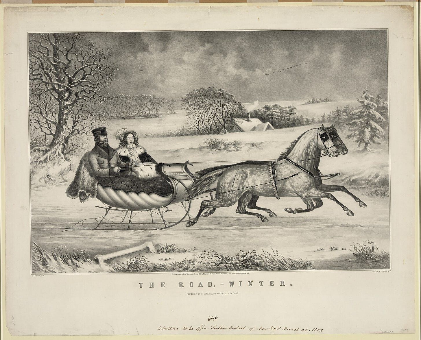 A couple in a red sleigh drawn by two dark horses on a snowy country road, the man in a fur hat at the reins, the woman under a fur rug, with bare trees and a snow-covered house behind them. A couple in a red sleigh drawn by two dark horses on a snowy country road, the man in a fur hat at the reins, the woman under a fur rug, with bare trees and a snow-covered house behind them.