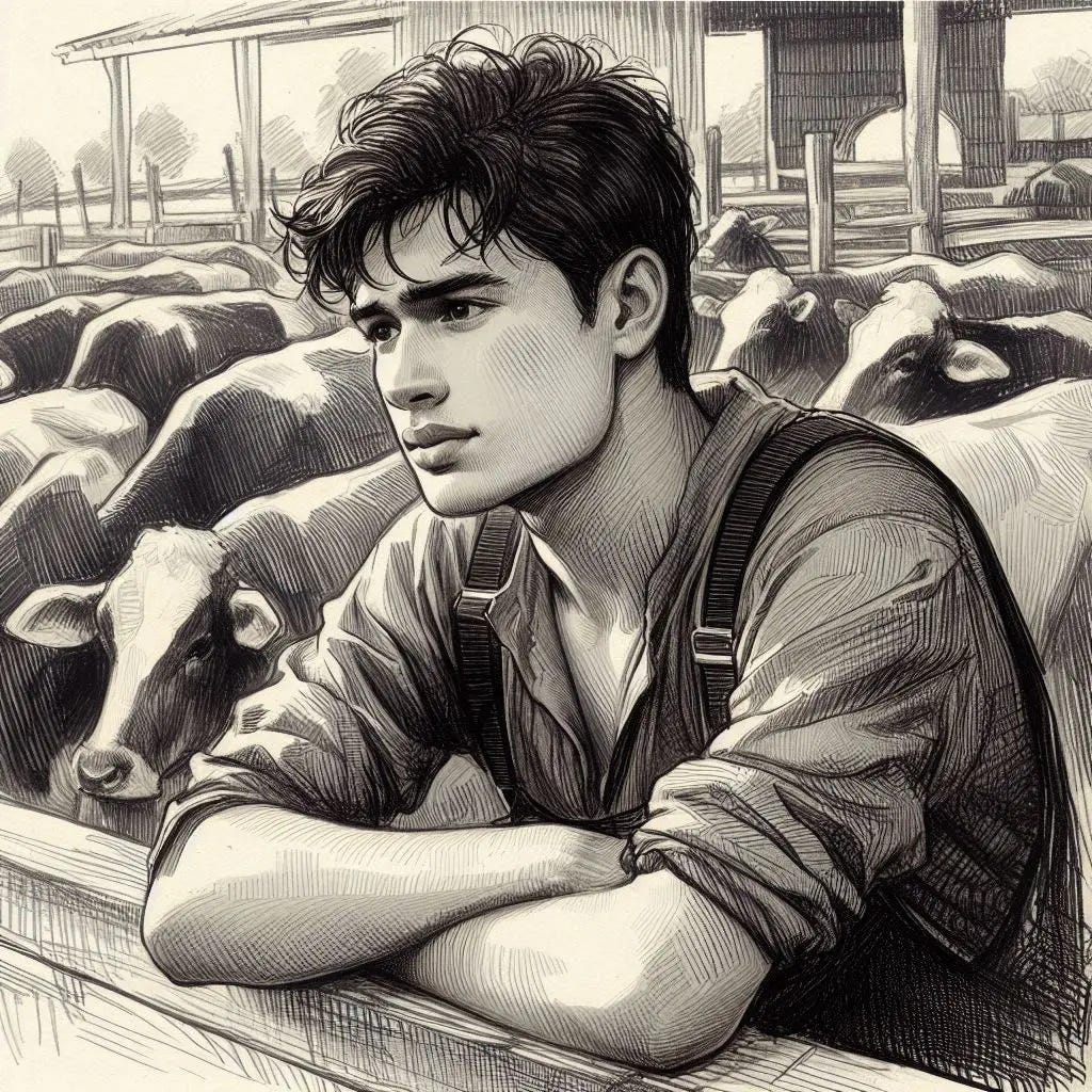 a young man looking pensive on a dairy farm, drawing