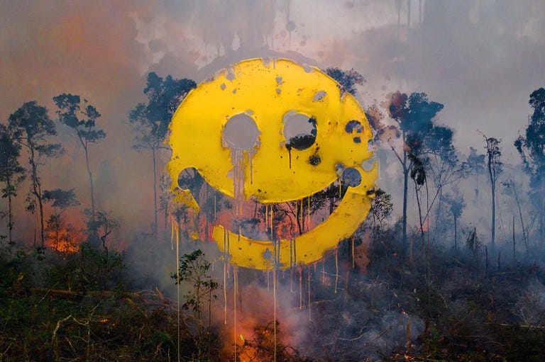 Happy face surrounded by environmental destruction