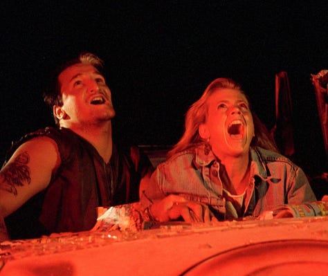 Images of actors in scenes of the movie The Lost Boys.