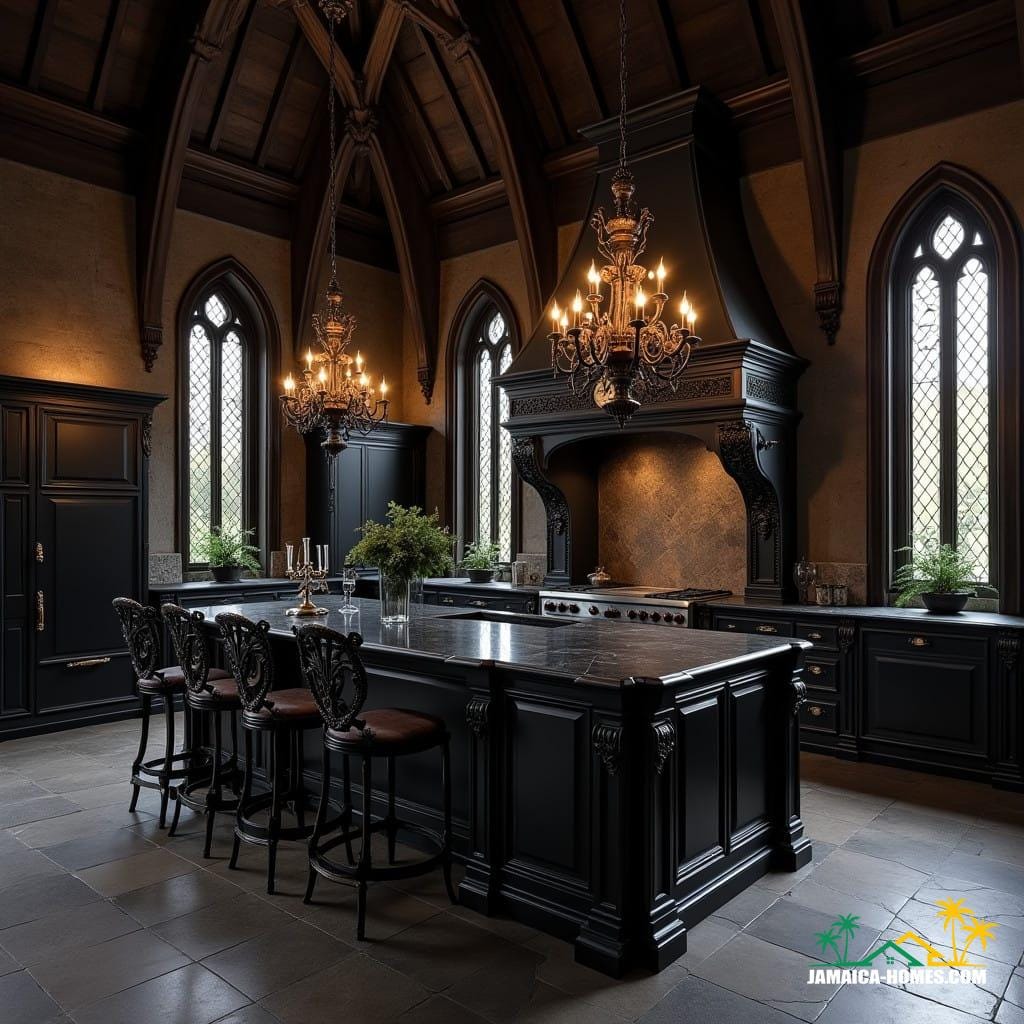 A state-of-the-art gothic kitchen in Jamaica combines the rich, dramatic aesthetic of gothic design with modern culinary technology, tailored to the island's tropical environment.