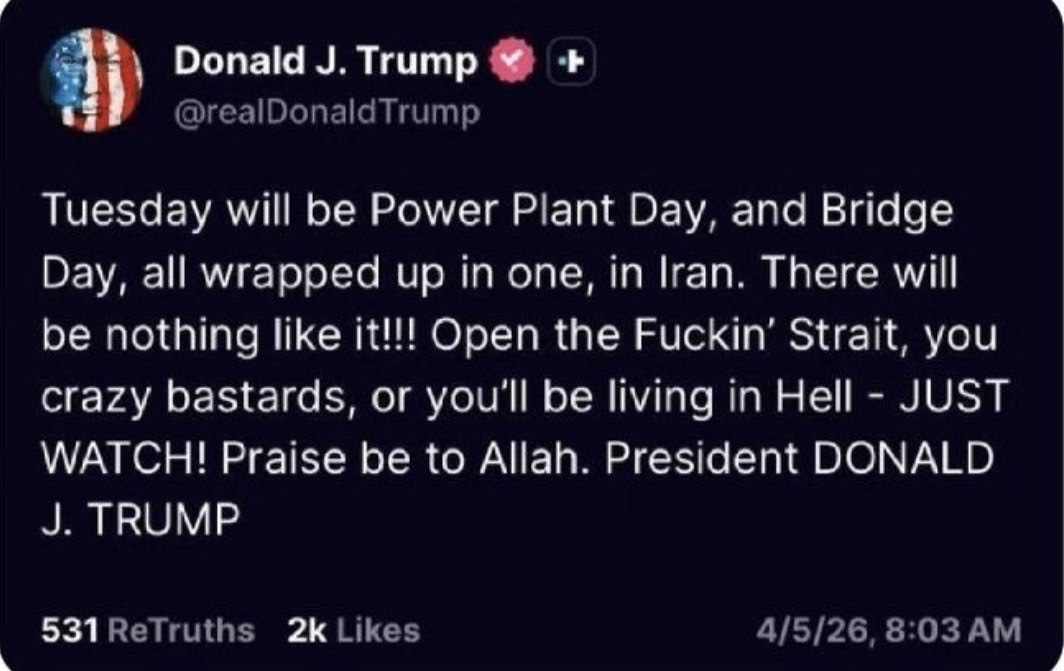 Donald J. Trump's tweet about the upcoming workday at power plants and bridges in Iran, accompanied by grim facial expressions and shouts. Donald J. Trump's tweet about the upcoming workday at power plants and bridges in Iran, accompanied by grim facial expressions and shouts.