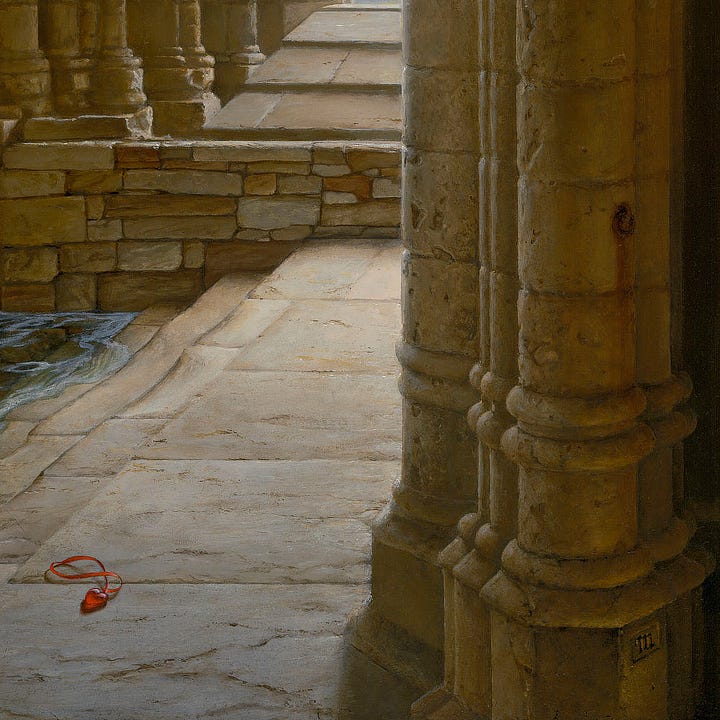 TOP LEFT: Detail of SANCTUARY featuring a discarded glass heart on a red silk ribbon and a transparent sphere containing a solitary flame floating through a passage of stone columns toward a peaked archway. TOP RIGHT: Close detail of SANCTUARY featuring a red glass heart on a silk ribbon discarded on the worn stone. BOTTOM LEFT: Close detail of SANCTUARY featuring a solitary flame inside a transparent sphere with a bubble-like sheen passing through classical stone columns towards a peaked archway. BOTTOM RIGHT: Close detail of SANCTUARY featuring the stylized letter "M" chiseled into the column in the lower right of the painting.