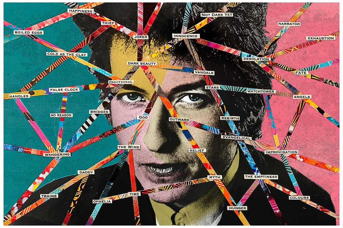 Collage art of a man’s face with colourful lines and words on a vibrant pink and teal background.