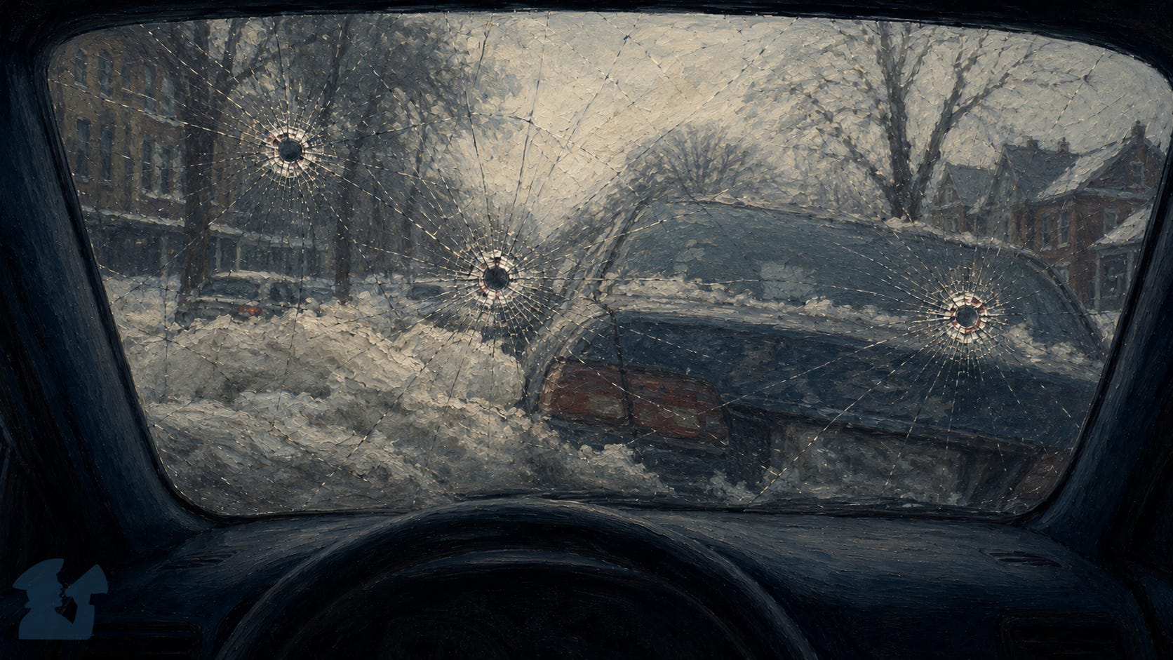 View from inside a crashed car through a cracked windshield with three bullet holes, facing a snowbank and the rear of another car on a winter residential street.