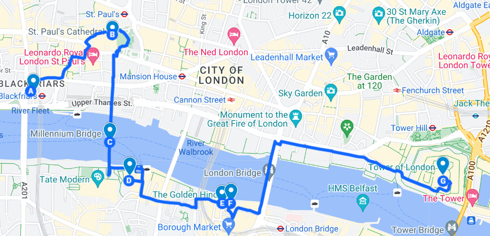 A map of the south bank of London with a blue line indicating directions