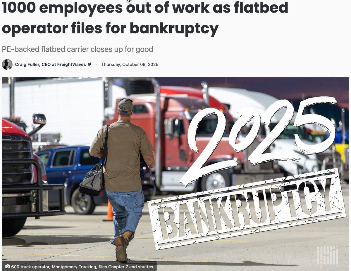 Image shows a man in khaki pants and brown shirt walking past red semi-trucks and a blue car in a parking lot, with overlaid text reading 1000 employees out of work as flatbed operator files for bankruptcy, attributed to Craig Fuller CEO FreightWaves on Thursday October 3 2025, and a large red BANKRUPTCY stamp, plus details 600 driver Montgomery Trucking File Chapter 7.