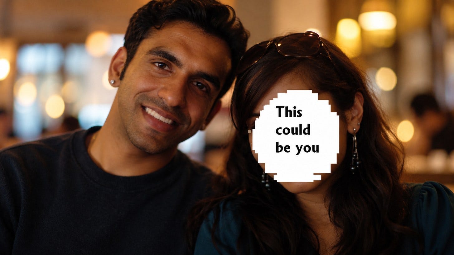 Avi smiling in a warm cafe beside a woman whose face is covered by a sticker that says This could be you. Avi smiling in a warm cafe beside a woman whose face is covered by a sticker that says This could be you.