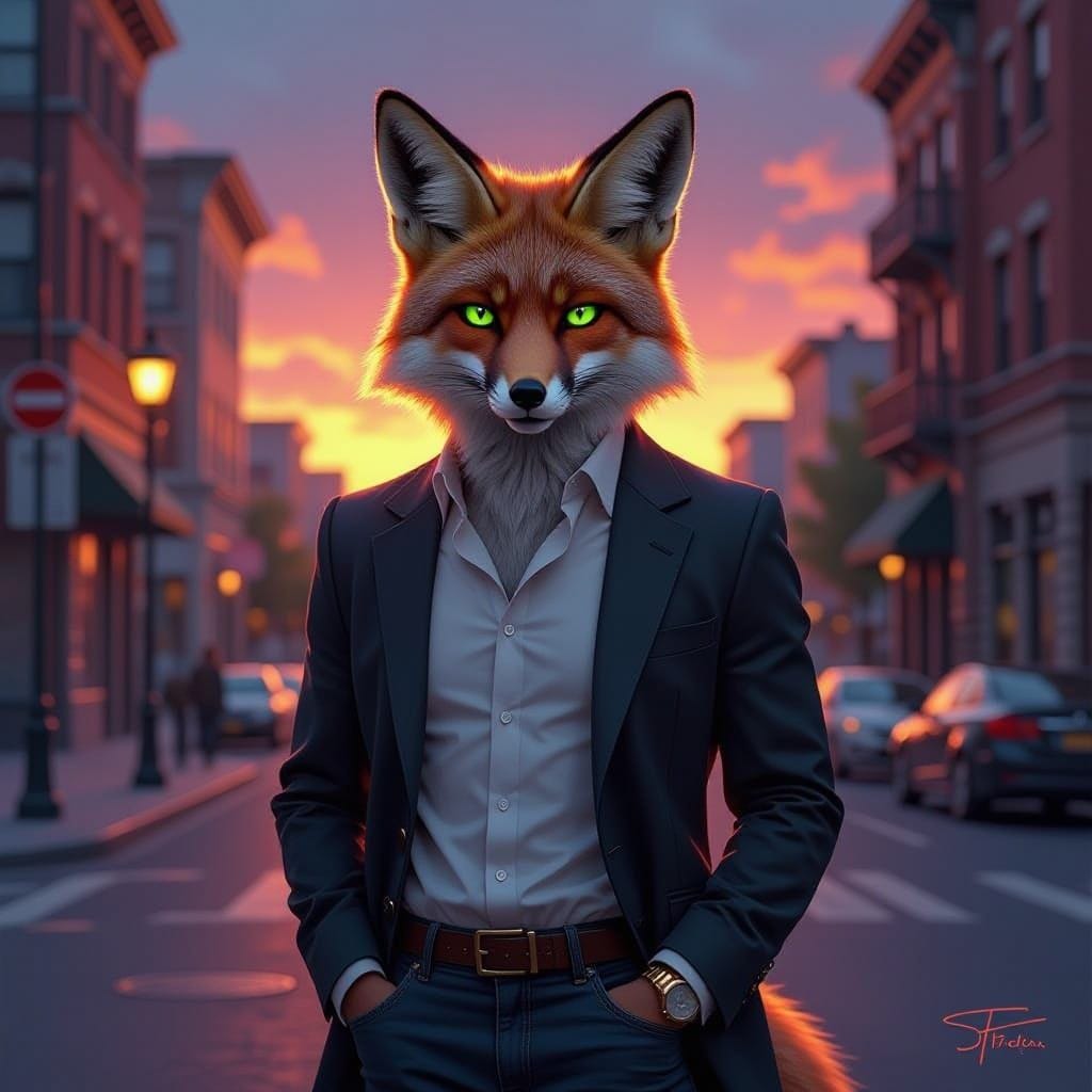 An anthropomorphic fox radiating danger, with striking emerald green eyes, wearing a sport jacket over a button-up shirt...