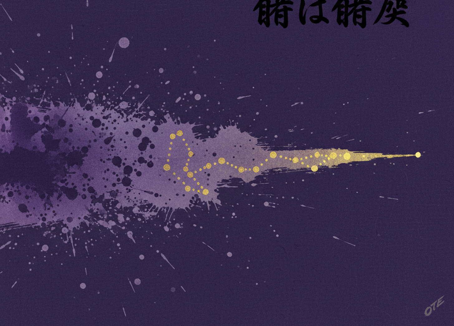 Purple ink splash with gold constellation path