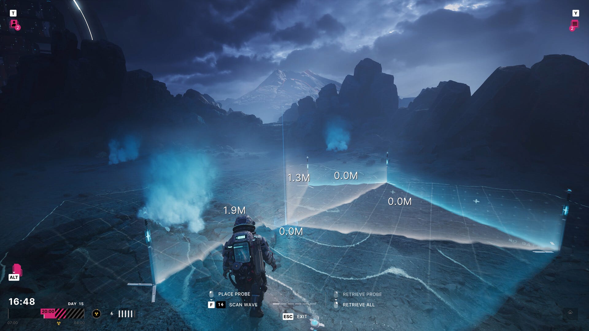 Video game screenshot of a man in a space suit standing on a rocky plain, with lines and measurements projected across the ground.