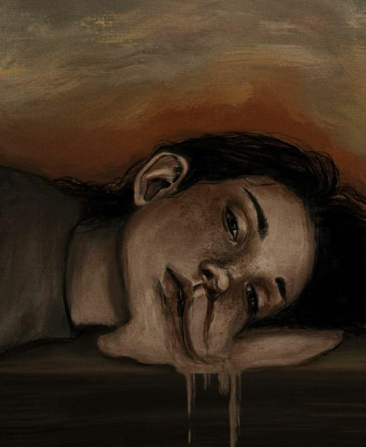 This may contain: a painting of a woman laying down with her head on the ground and eyes closed