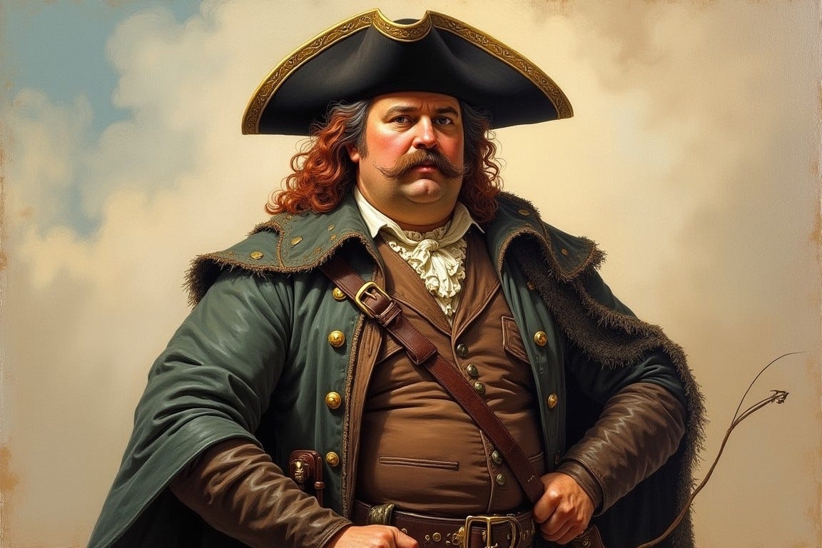 Drawn in the style of an oil painting, a portly man in Louisiana in the year 1815. He has the look of a musketeer, with a mustache and a wide-brimmed hat. He wears a cloak and a sheathed sword. His hair is reddish but graying, and he's slightly overweight. Drawn in the style of an oil painting, a portly man in Louisiana in the year 1815. He has the look of a musketeer, with a mustache and a wide-brimmed hat. He wears a cloak and a sheathed sword. His hair is reddish but graying, and he's slightly overweight.