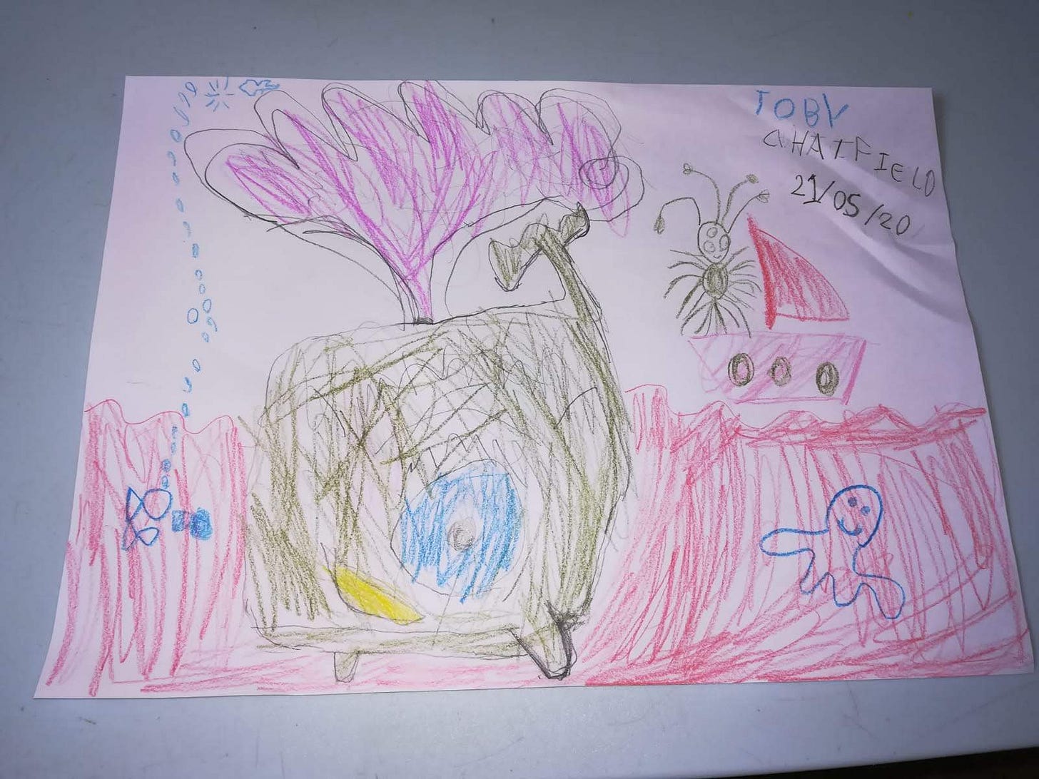 A young child's picture of a green boat in a red sea with a cheerful octopus looking at it
