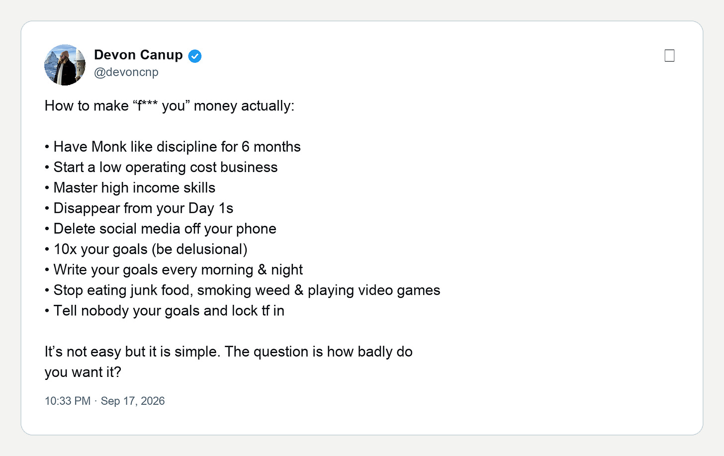 My post from two weeks ago. Nine lines. That's the whole season.