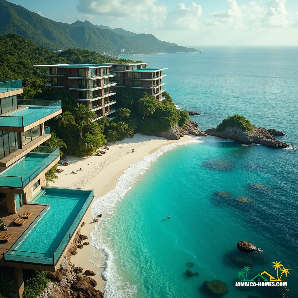 Modern development schemes in Jamaica near the coast and beaches feature sleek glass architecture, incorporating unique swimming pools both at ground level and on rooftops. These designs not only offer stunning views of the Caribbean Sea but also blend contemporary style with the tropical landscape, creating luxurious spaces that feel open and light.