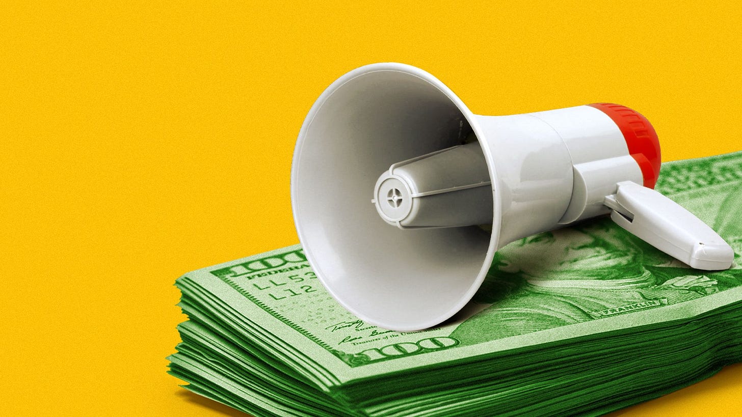 Illustration of a bullhorn resting on top of a stack of one hundred dollar bills. Illustration of a bullhorn resting on top of a stack of one hundred dollar bills.