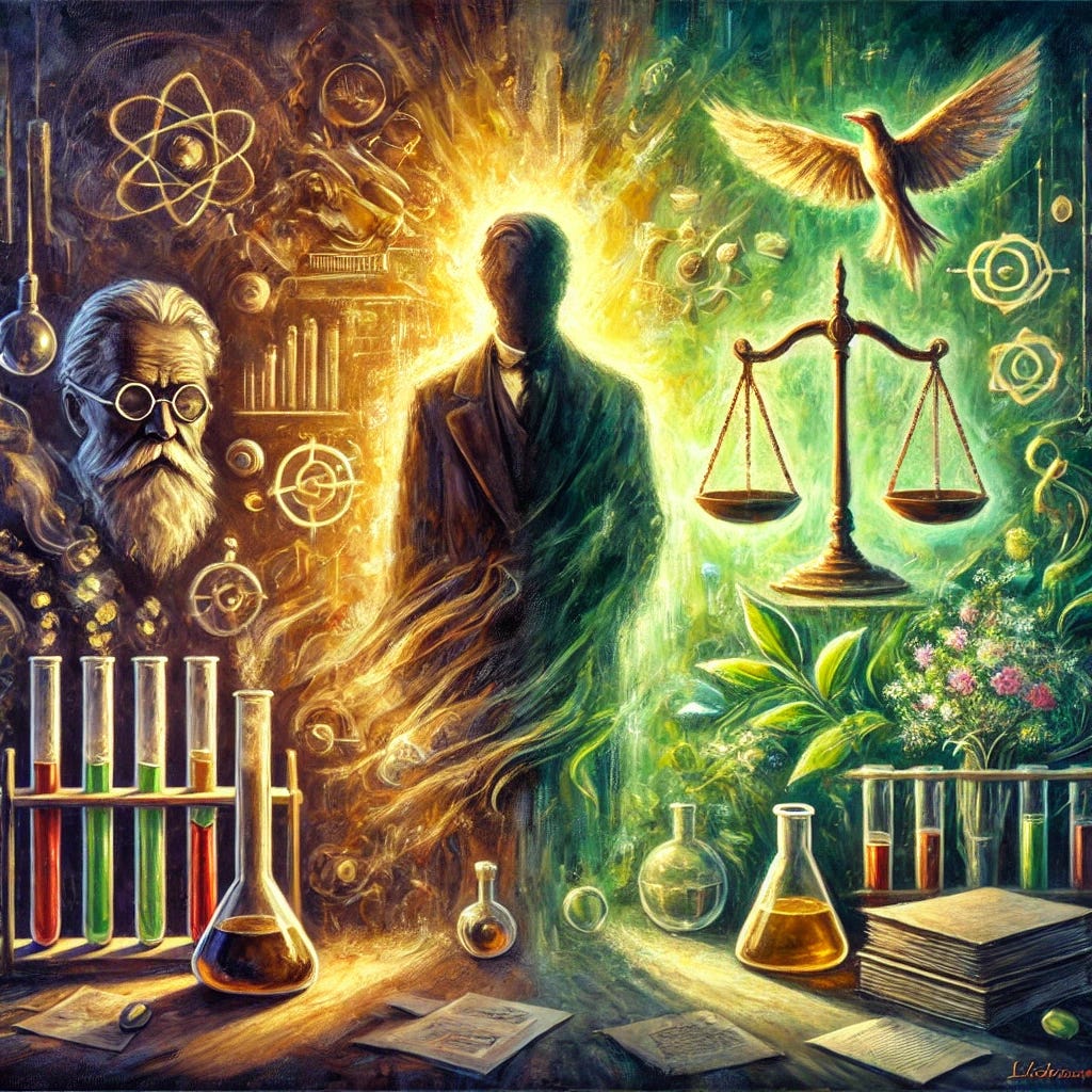 An expressive oil painting focusing on the concept of Pasteur as a deceptive figure in scientific history. The scene features a shadowy figure resembling Pasteur, surrounded by an aura of manipulation and falsified experiments. Behind him, crumbling scientific instruments and scattered papers symbolize the faulty foundation of his work. On the right, a contrasting glow highlights the truth, with vibrant light illuminating symbols of honesty, like flourishing nature and balanced scales of justice. The painting’s color palette is dominated by dark, ominous tones on the left, transitioning to radiant greens and golds on the right, symbolizing the triumph of truth over deception. An expressive oil painting focusing on the concept of Pasteur as a deceptive figure in scientific history. The scene features a shadowy figure resembling Pasteur, surrounded by an aura of manipulation and falsified experiments. Behind him, crumbling scientific instruments and scattered papers symbolize the faulty foundation of his work. On the right, a contrasting glow highlights the truth, with vibrant light illuminating symbols of honesty, like flourishing nature and balanced scales of justice. The painting’s color palette is dominated by dark, ominous tones on the left, transitioning to radiant greens and golds on the right, symbolizing the triumph of truth over deception.